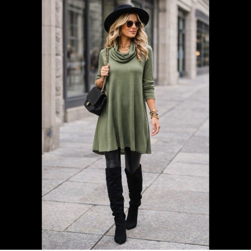 ANTHROPOLOGIE Olive Cowl Mini Sweater Dress - Picture 2 of 7